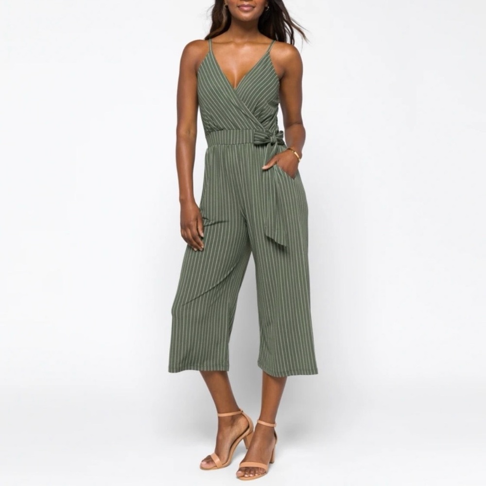 Kaileigh Green Striped Wrap Jumpsuit Wide Leg Cropped Size M